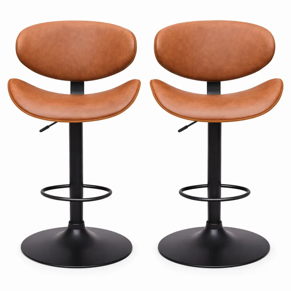 Lot de 2 tabourets de bar réglables en hauteur, pivotants, bois massif et simili cuir marron