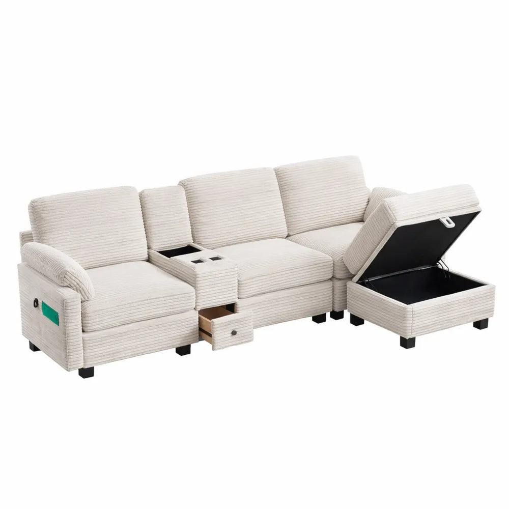 Canapé 3 Places avec Rangements et Ports USB, Tissu Velours Côtelé, Angle Modulable