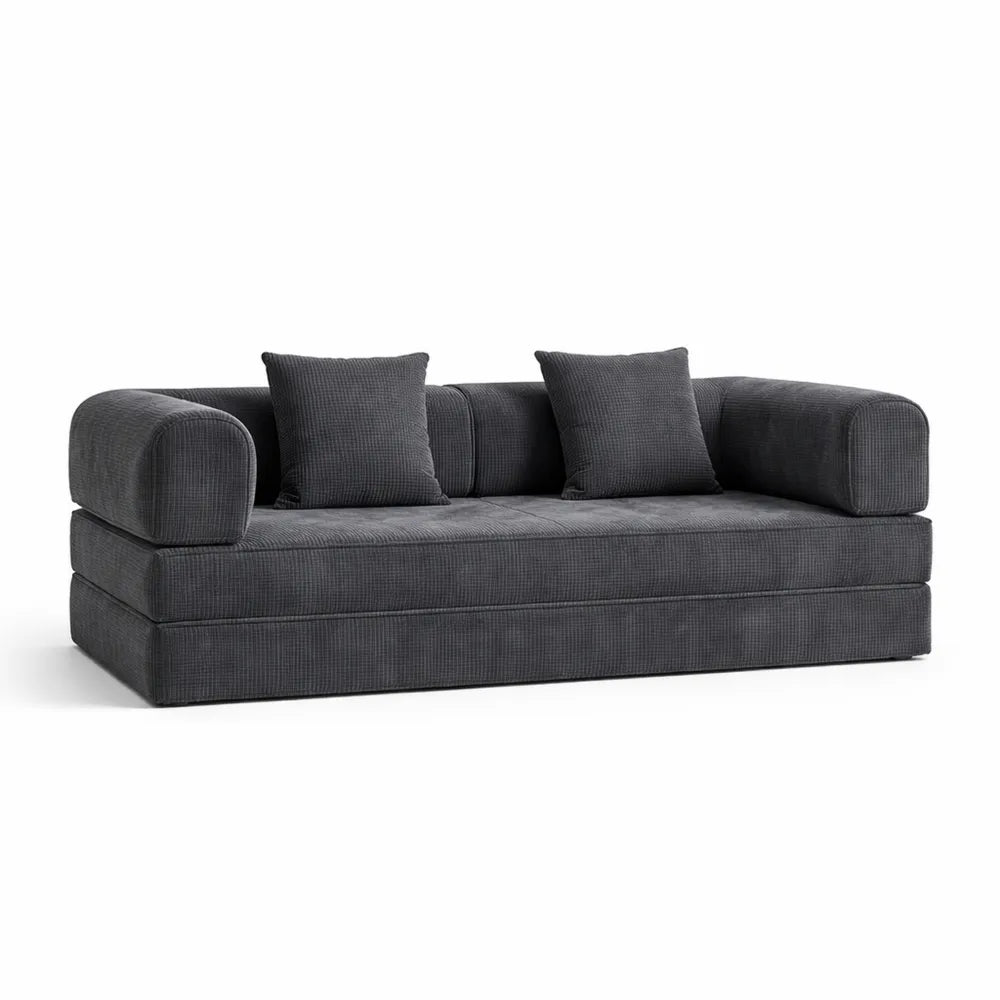 Canapé Convertible 3 Places en Velours Côtelé Gris, Lit Modulaire Confortable