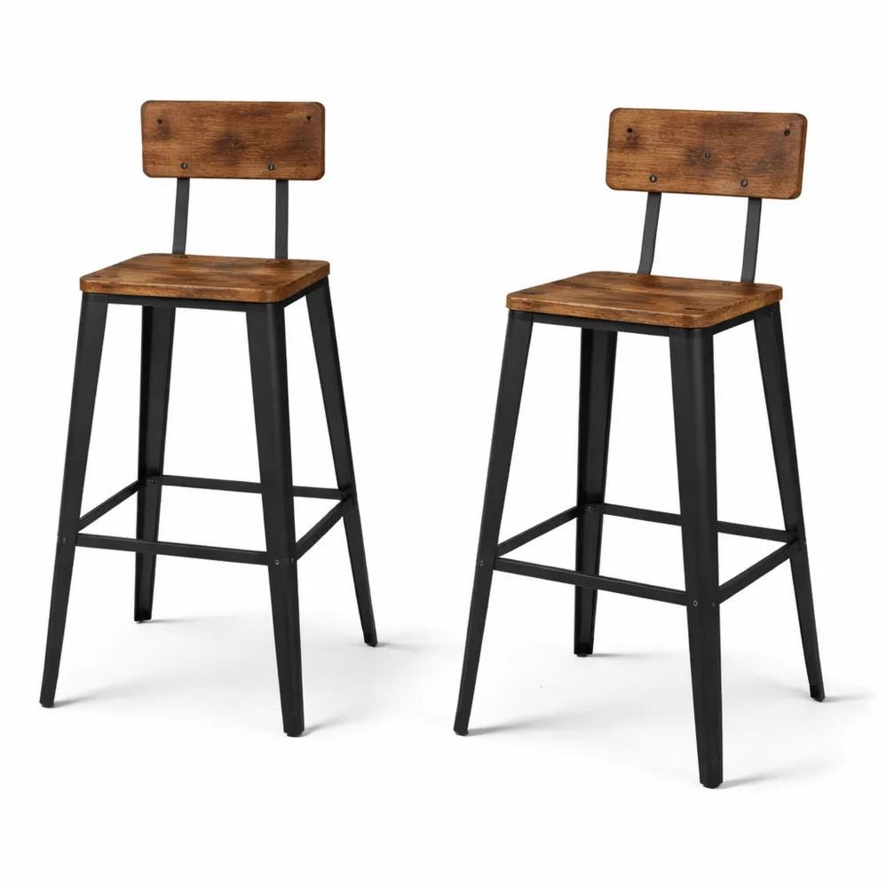 Ensemble de 2 Chaises de Bar Industrielles avec Dossier, Marron Rustique et Noir