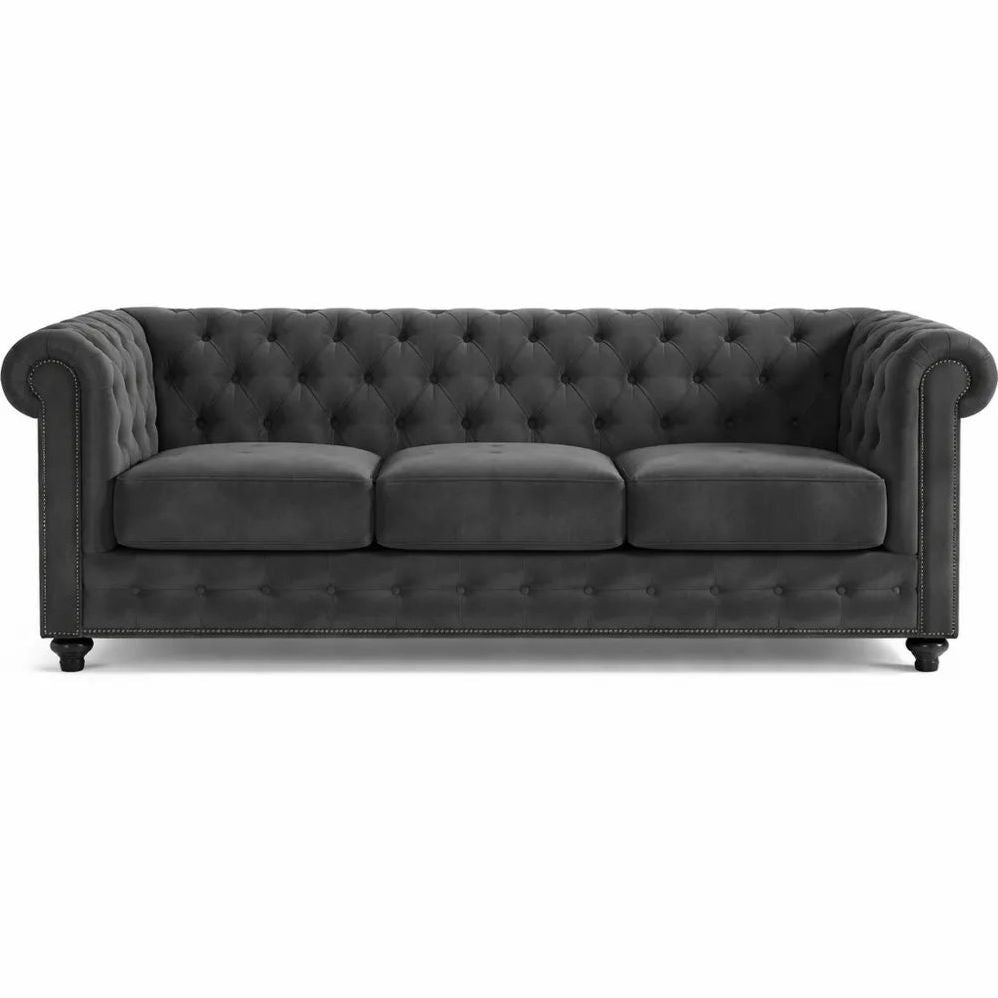 Canapé Design Classique Chesterfield 3 Places, Velours Gris Foncé Capitonné
