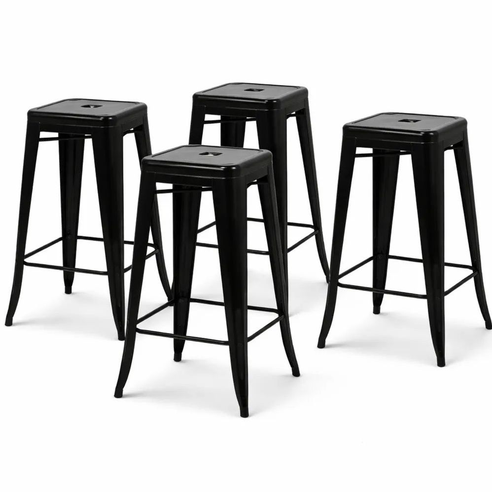 Ensemble de 4 Tabourets de Bar Empilables, Métal Noir Mat, Style Industriel